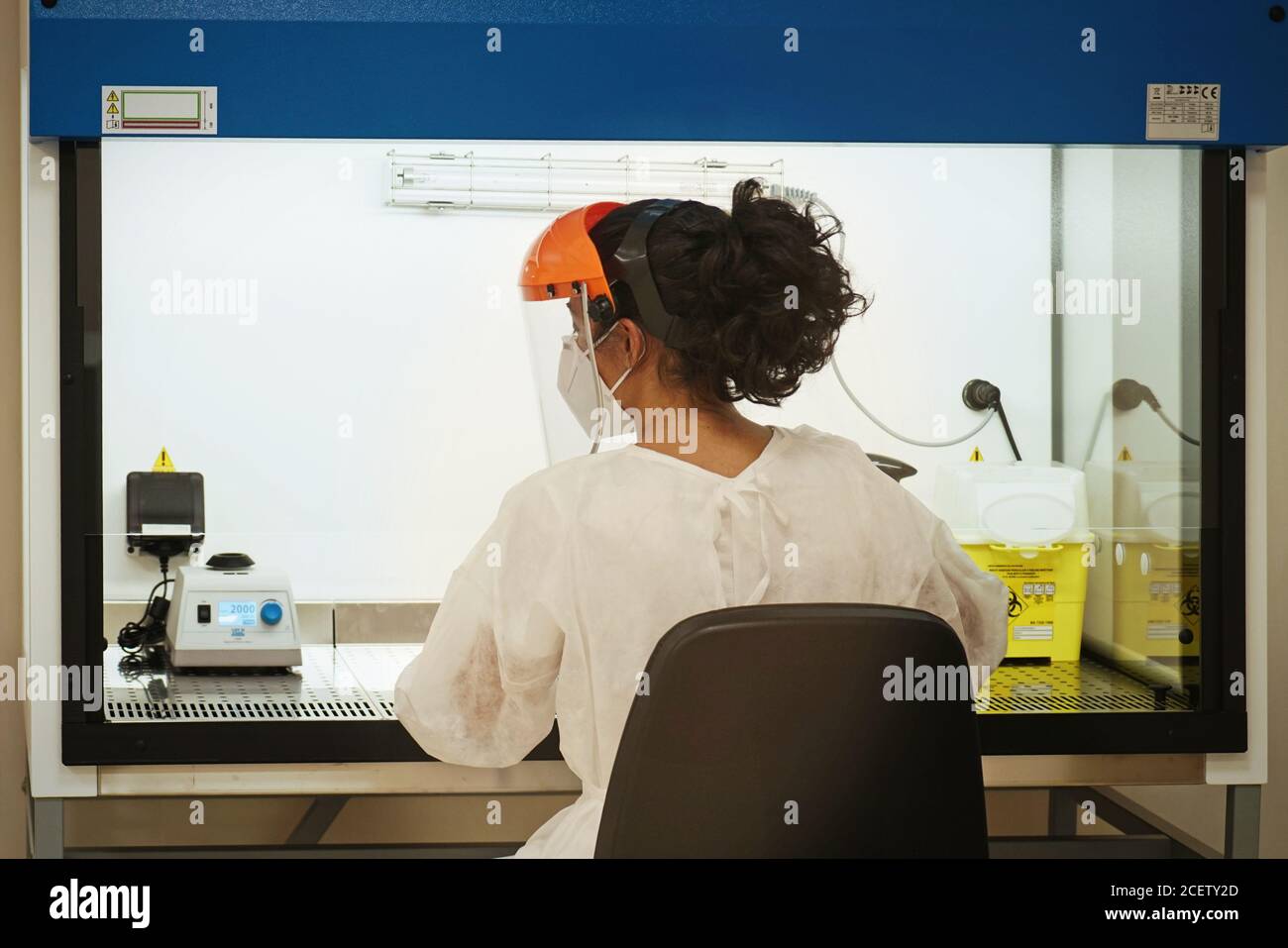 At work in the molecular biology laboratory for swab analysis for SARS-COV2 virus detection. Turin, Italy - September 2020 Stock Photo