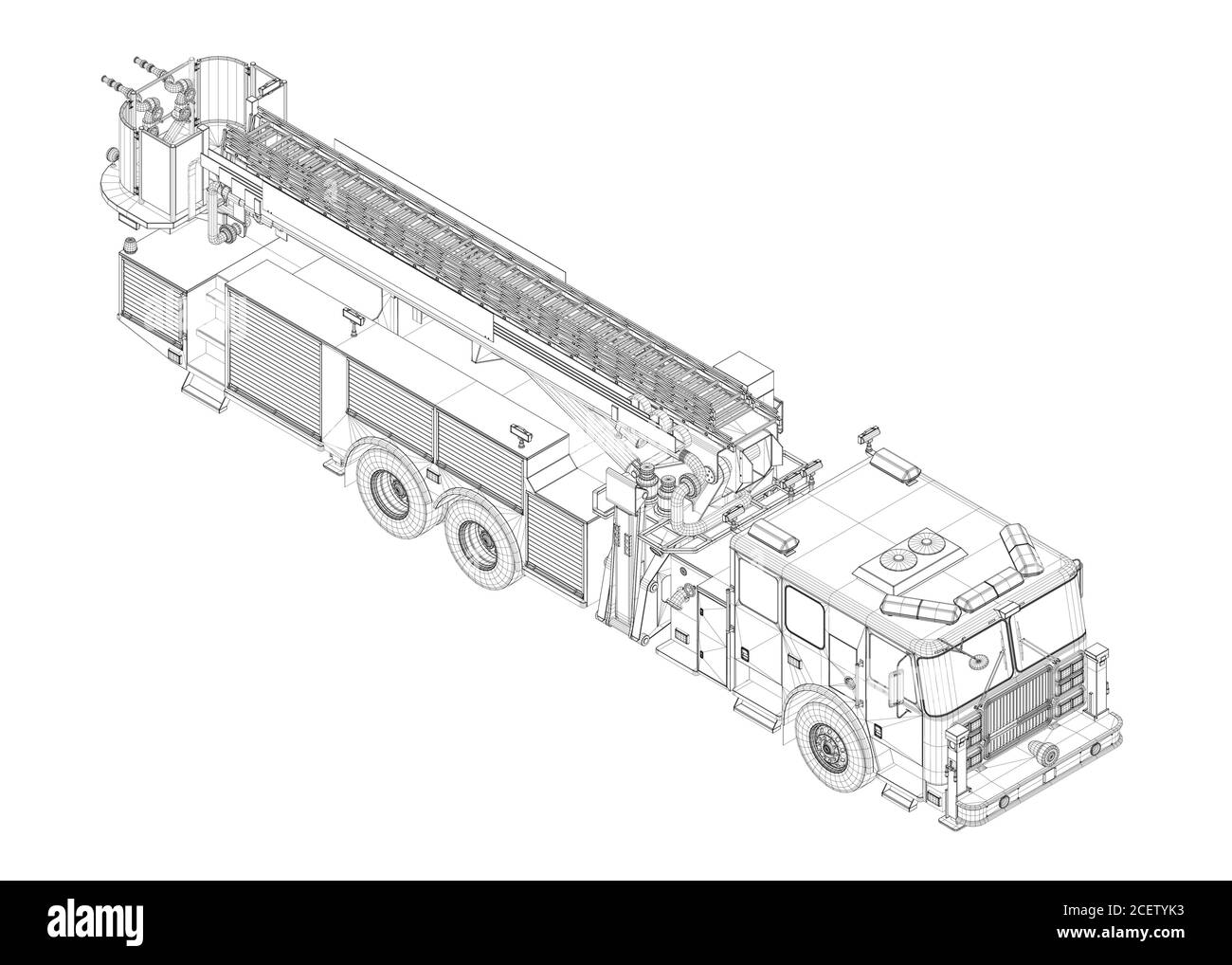 Fire truck wireframe from black lines isolated on white background