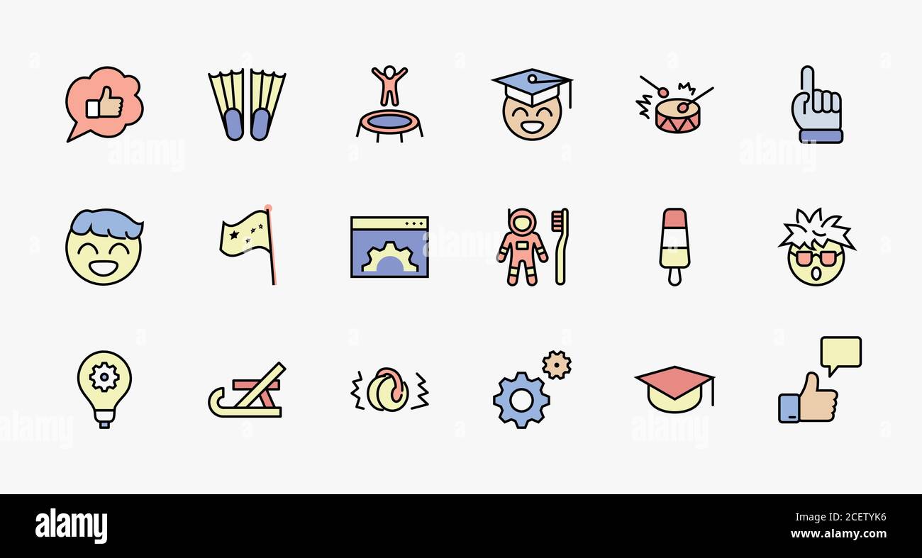 International World Day of Children's Inventions Set Line Vector Icon. Contains such Icons as Toothbrush astronauts, Trampoline, Flippers, Frozen Stock Vector
