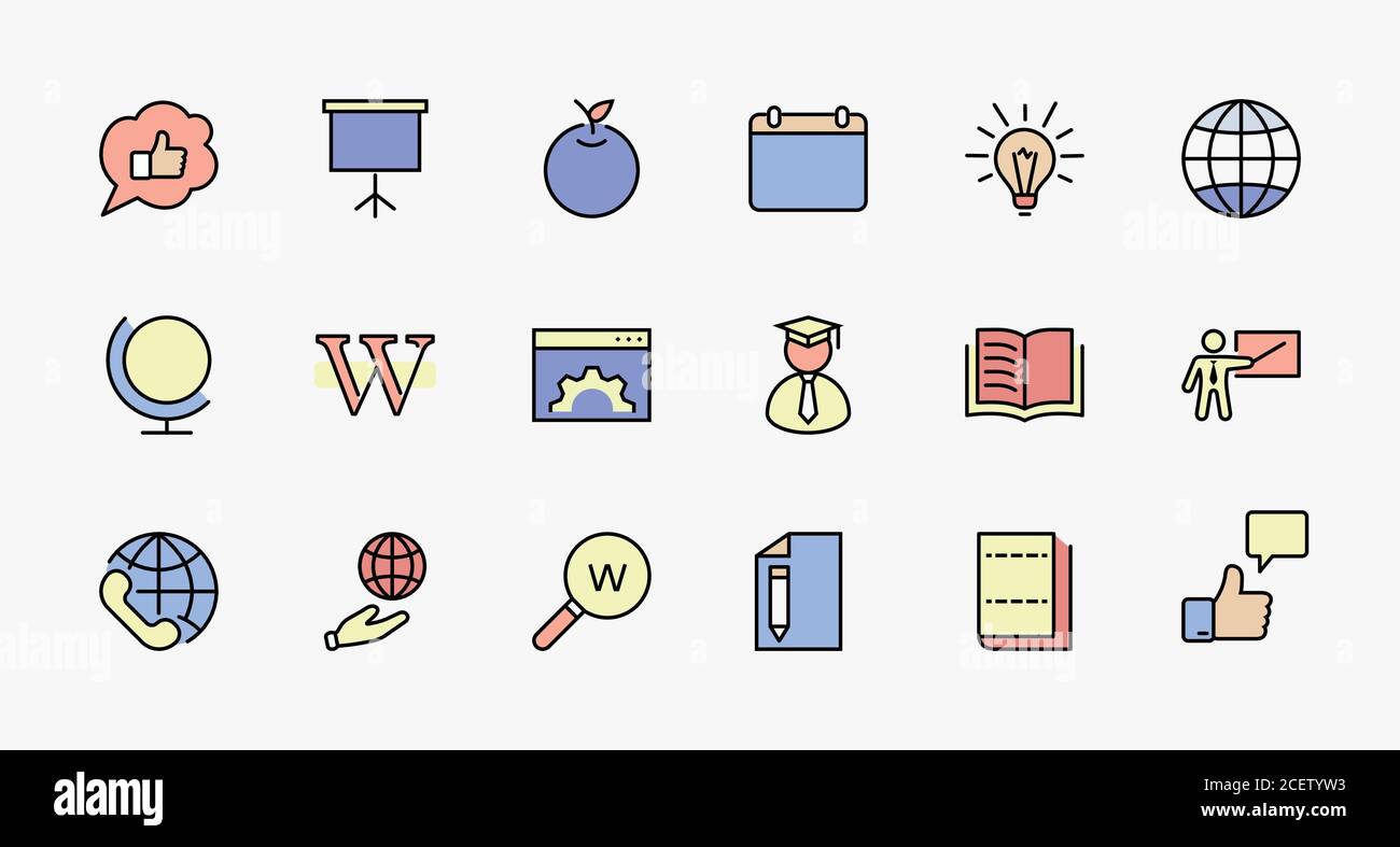 Wikipedia's birthday Set Line Vector Icon. Contains such Icons as Wikipedia, Open Book, Teacher, Blackboard, Pointer, Web Globe, Directory, Search Stock Vector