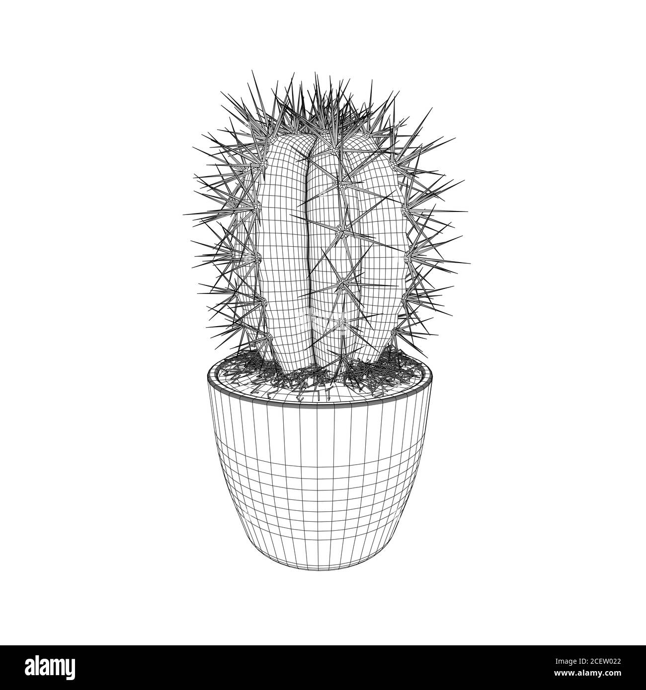 Cactus wireframe in a pot made of black lines isolated on white background. 3D. Vector illustration Stock Vector