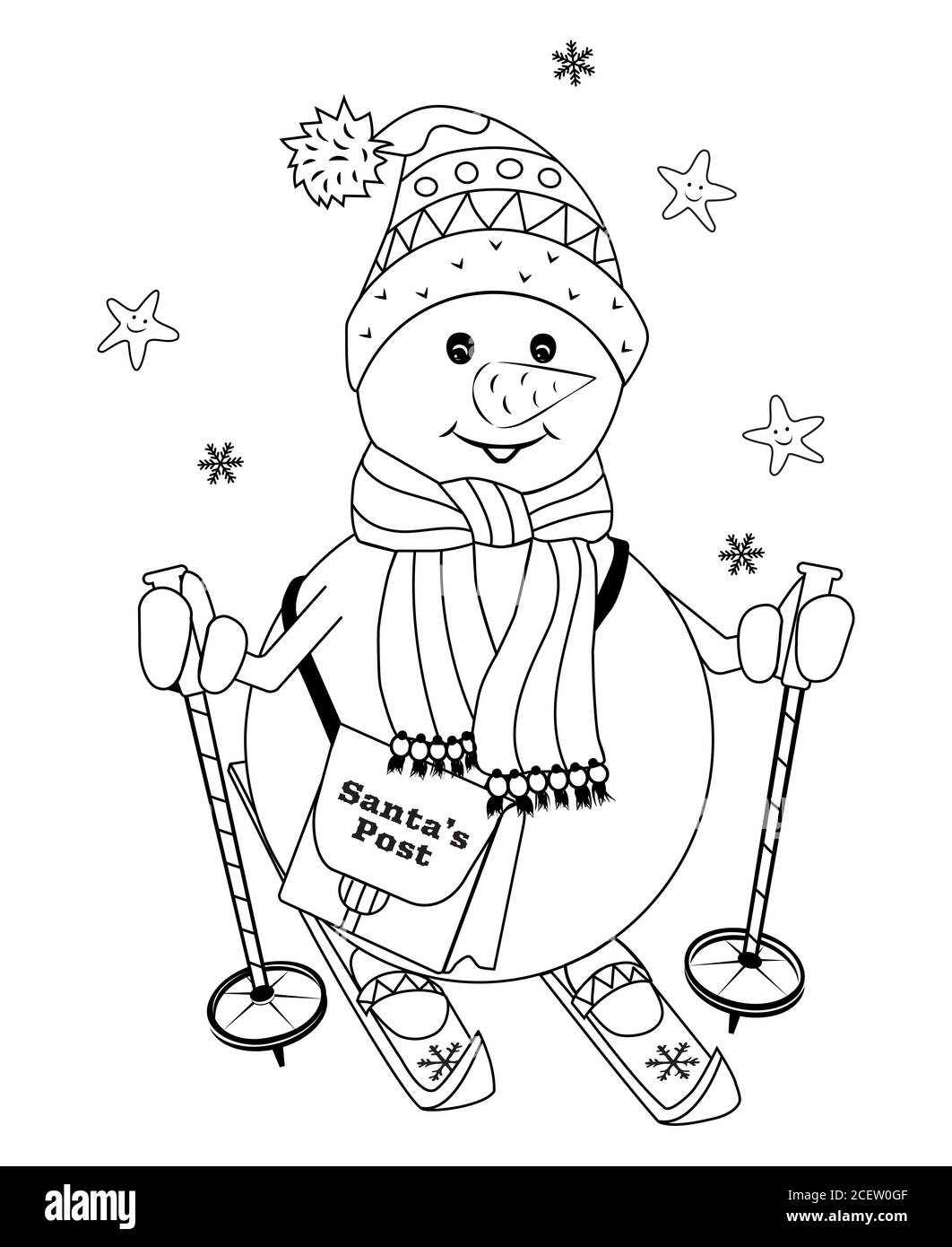 Snowman skiing with poles and postman bag. Vector illustration for coloring book. Christnas card. for kids. Vector illustration. Stock Vector