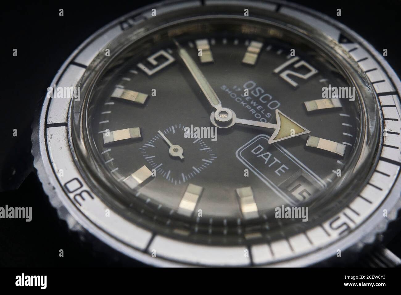 close up detailed images of an OSCO dive watch from the 1960's Stock Photo