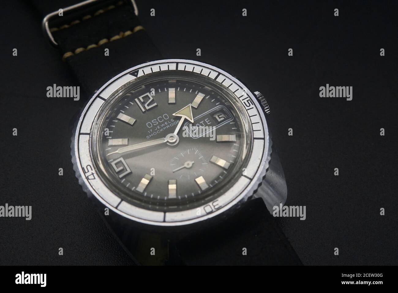 close up detailed images of an OSCO dive watch from the 1960's Stock Photo