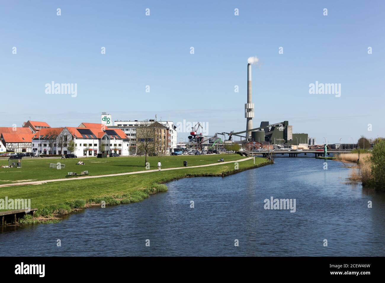 Randers, Denmark - May 5, 2018: View of the city of Randers in Denmark with Verdo energy power station Stock Photo