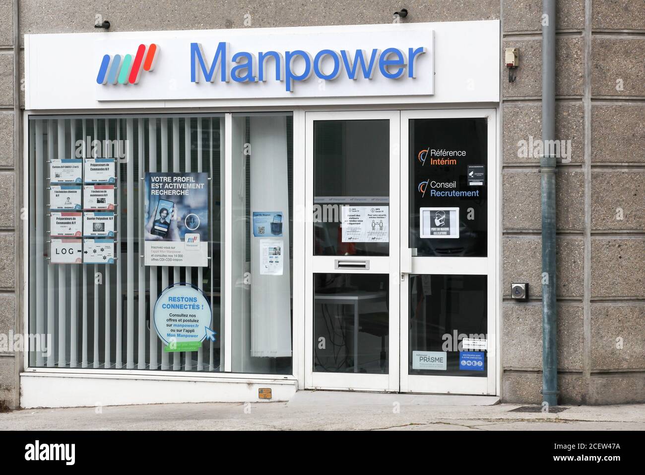 Vienne, France - June 7, 2020: Manpower agency. ManpowerGroup is the third-largest staffing firm in the world behind Swiss firm Adecco and Dutch firm Stock Photo