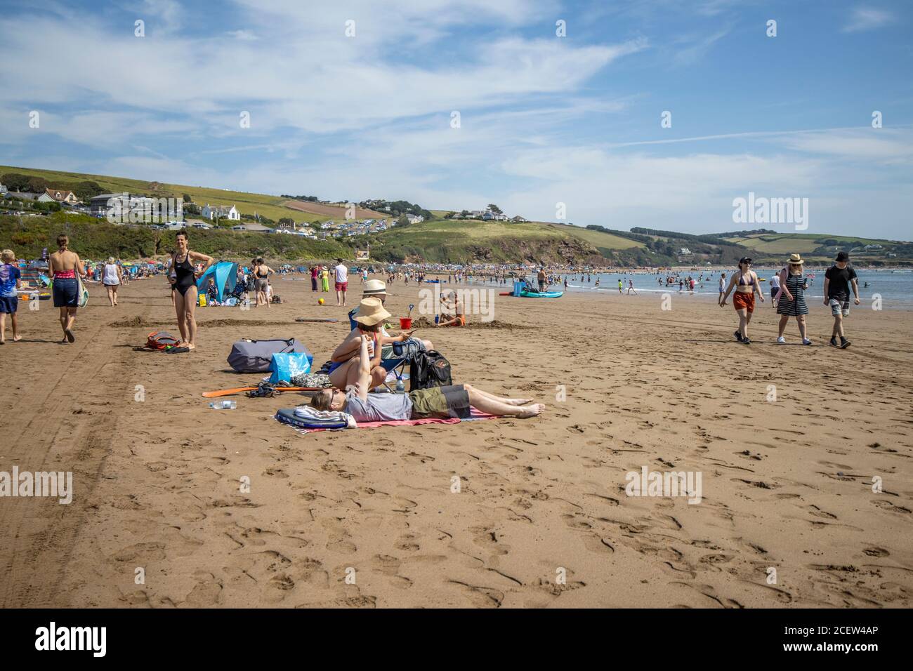 Bigbury-On-Sea beach overlooking Burgh Island, area of outstanding natural beauty, South West Devon coastline, England, United Kingdom Stock Photo