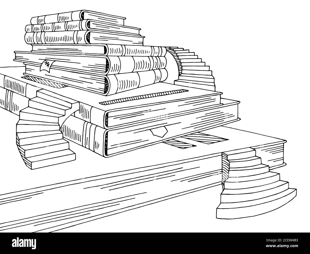 Books stairs graphic black white sketch illustration vector Stock Vector
