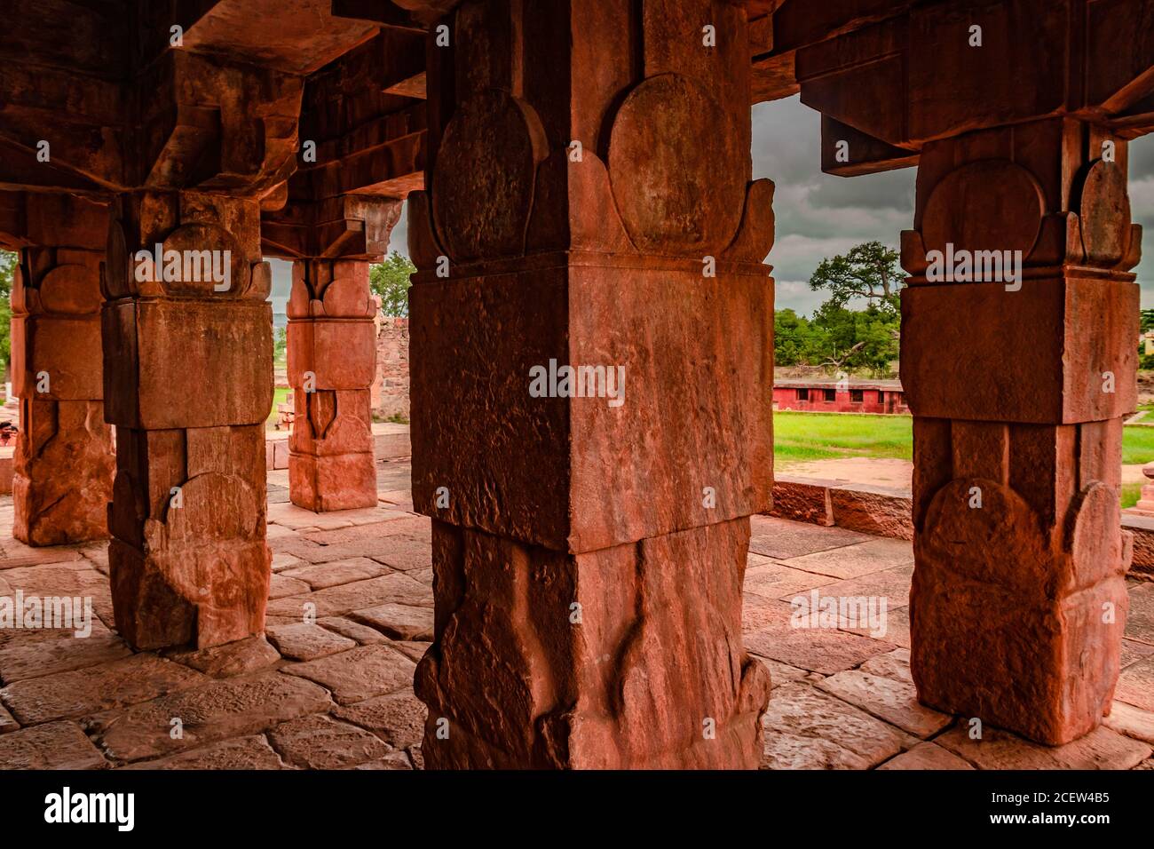 sangameshwara temple pattadakal interior breathtaking stone art with dramatic sky. It's one of the UNESCO World Heritage Sites and complex of 7th and Stock Photo