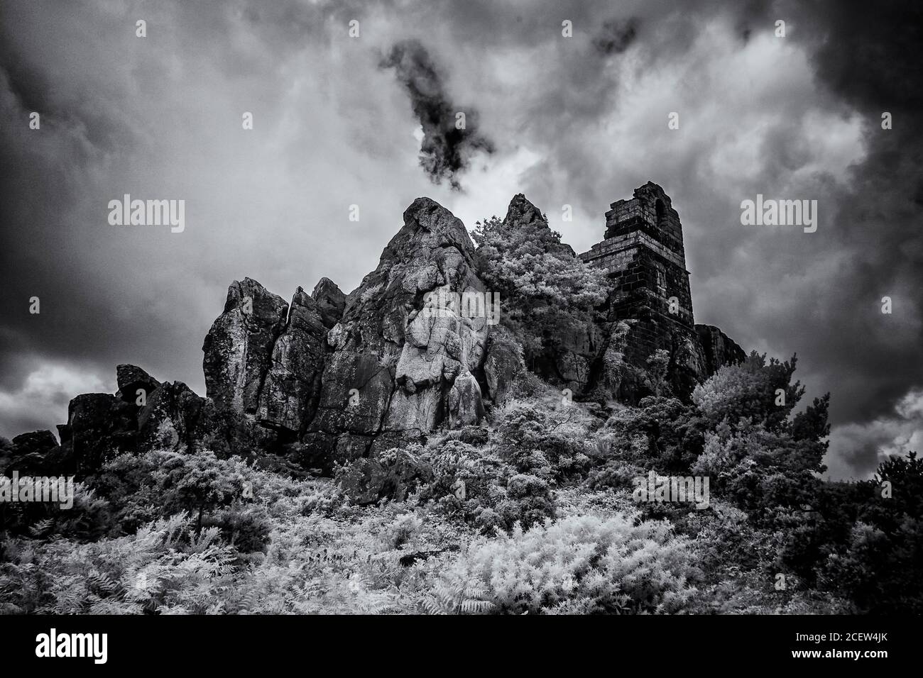 An infrared image of the ruins of the atmospheric 15th century Roche Rock Hermitage in Cornwall. Stock Photo
