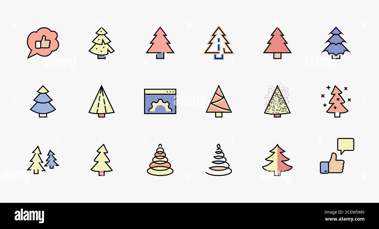 Christmas Tree thin line icon set. Stylized linear icons of artificial snow, spruce, present box fir. Editable Stroke. 32x32 Pixel Perfect Stock Vector