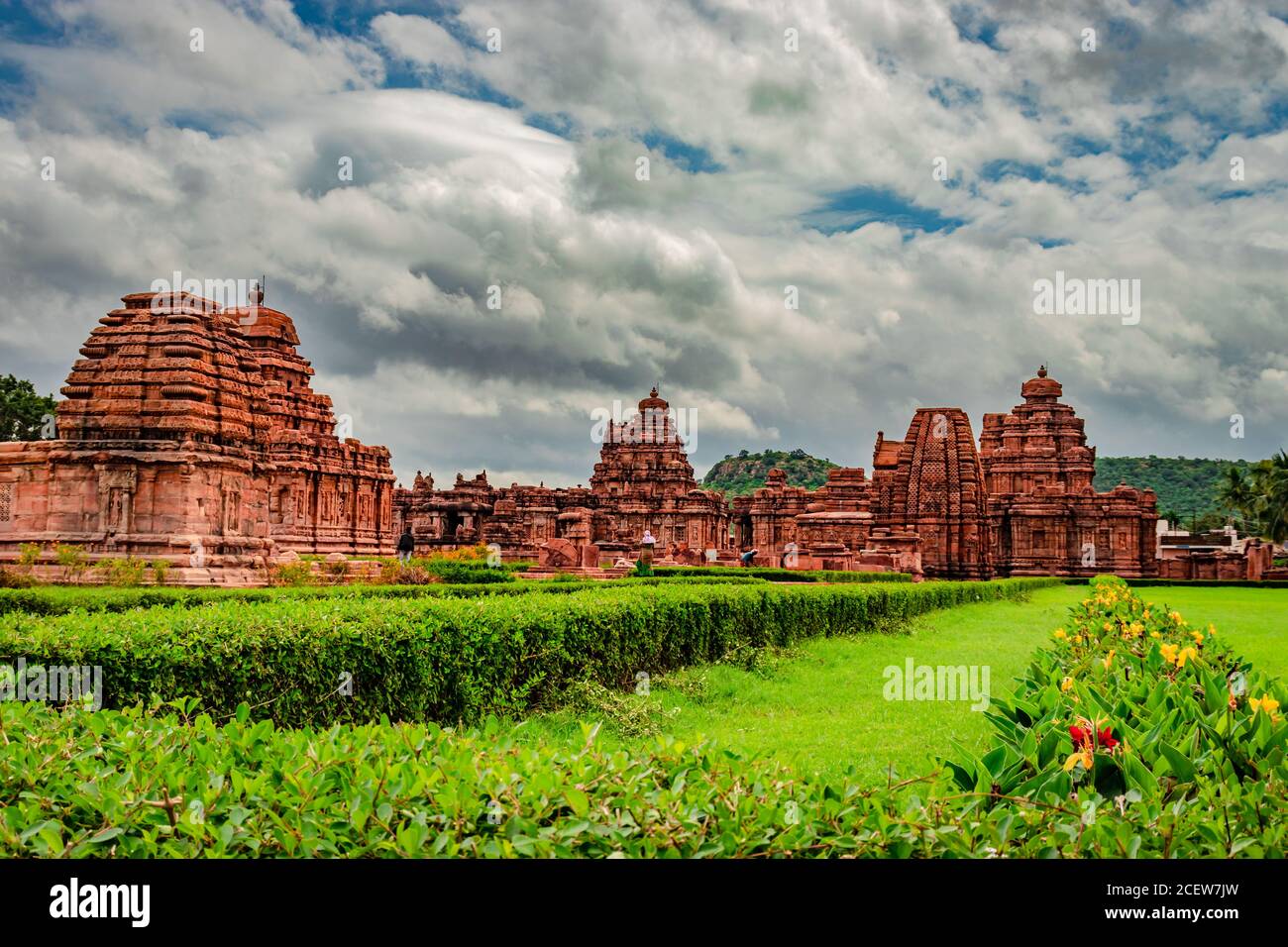 pattadakal temple complex group of monuments breathtaking stone art with dramatic sky karnataka india. It's one of the UNESCO World Heritage Sites and Stock Photo