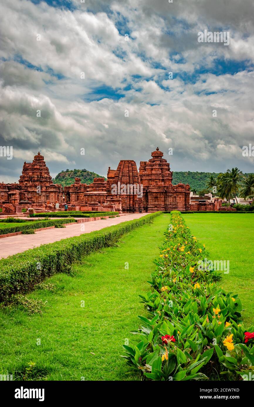 pattadakal group of monuments breathtaking stone art from different angle with dramatic sky karnataka india. It's one of the UNESCO World Heritage Sit Stock Photo