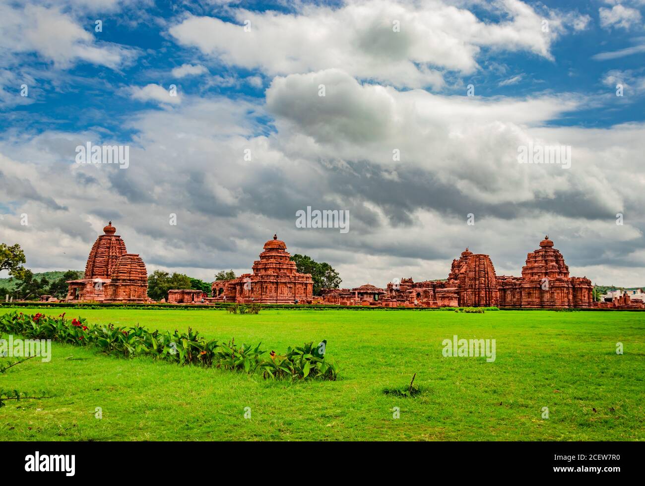 pattadakal temple complex group of monuments breathtaking stone art with dramatic sky karnataka india. It's one of the UNESCO World Heritage Sites and Stock Photo