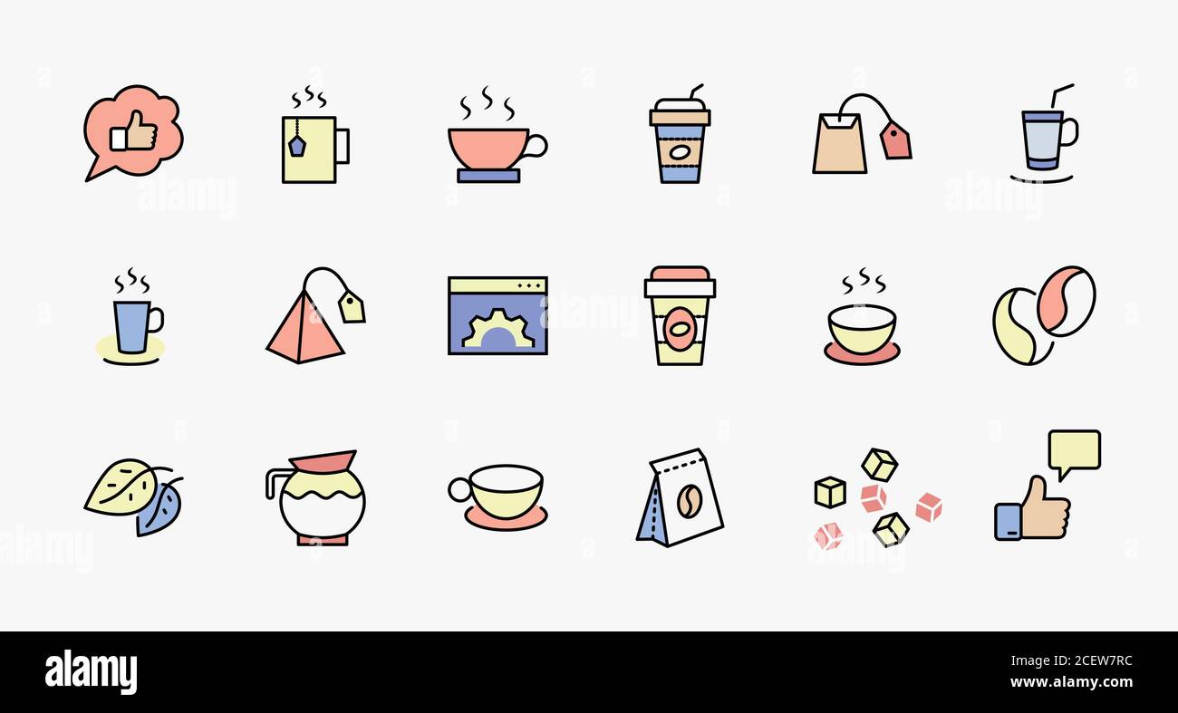 Set of Coffee and Tea Vector Line Icons. Contains such Icons as Cup of Tea, Teabags, Coffee beans and Green Tea Leaves, a pitcher of Water, Sugar Stock Vector