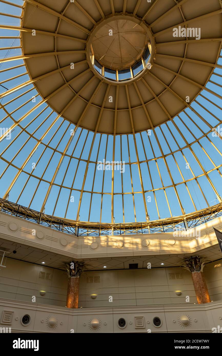 Glass Ceiling with Ray Pattern in a Shopping Centre in UK. Futuristic architecture dome made out of glass. Stock Photo
