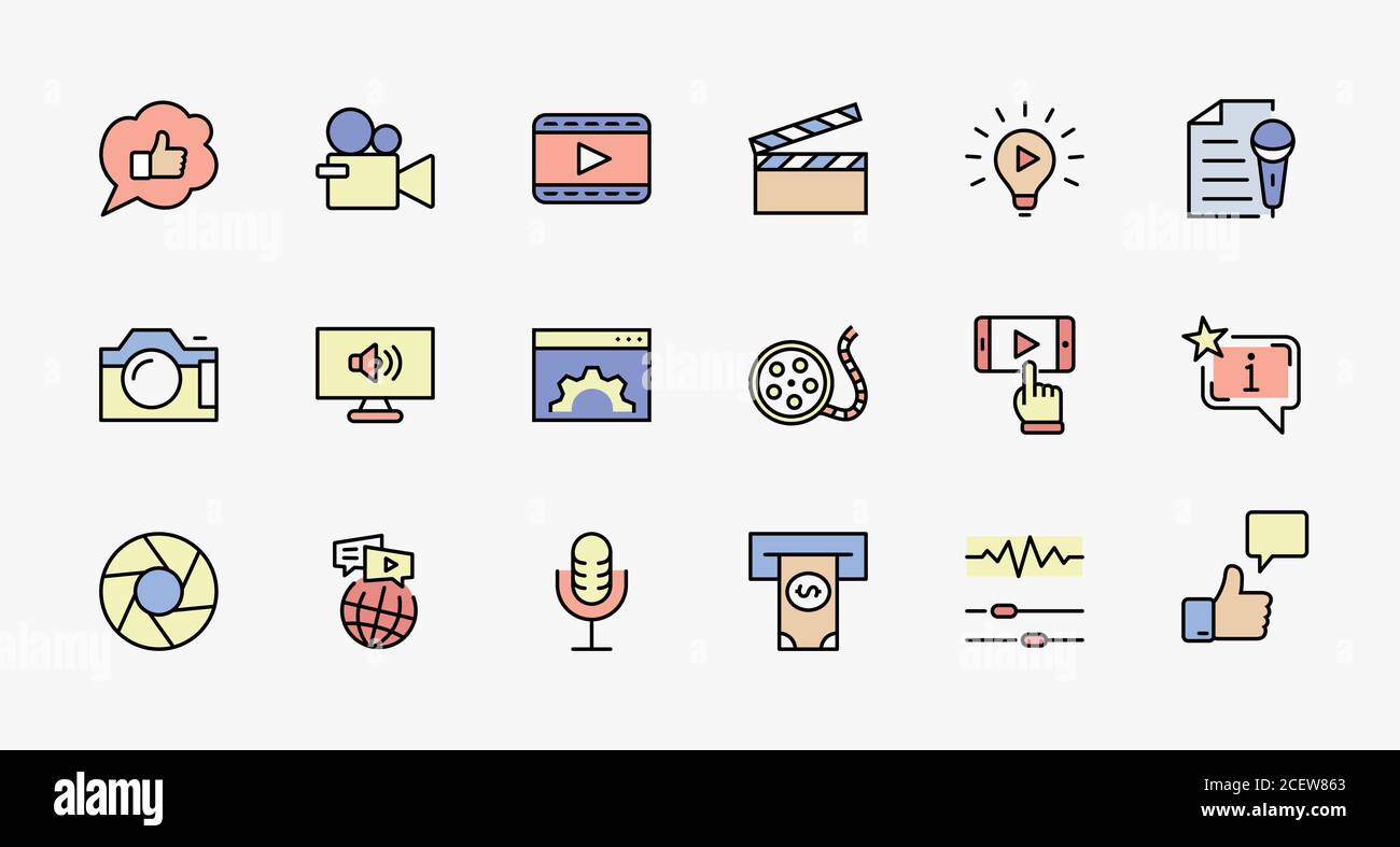 International Film Day Set Line Vector Icons. Contains such Icons as Clapperboard, Camera, Video, Play, Film, Lens, Microphone, Media settings and Stock Vector