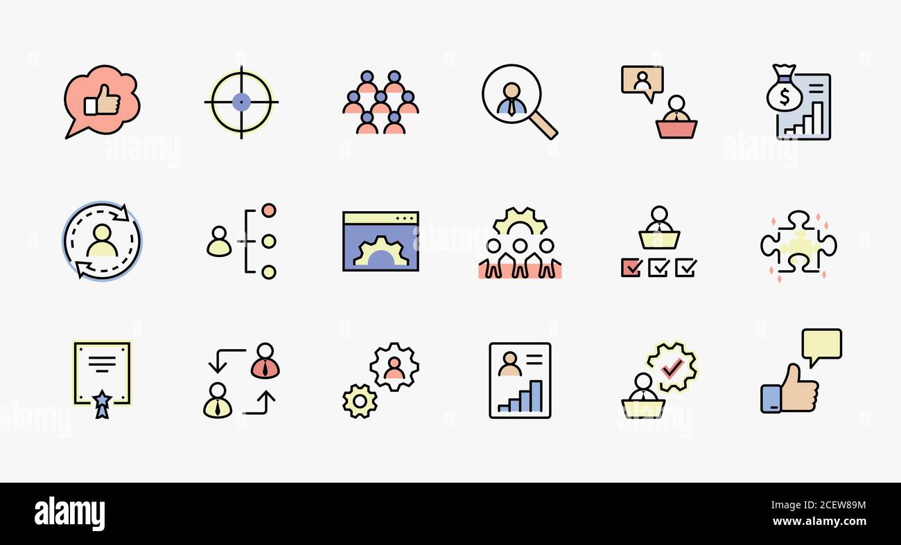 Set of People Management Related Vector Line Icons. Contains such Icons as Target, Puzzle, Certificate, Personal data processing, Task Manager Stock Vector