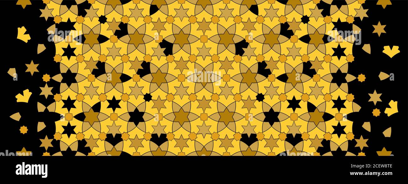 Black golden premium arabesque vector seamless pattern. Geometric halftone texture with disintegration Stock Vector