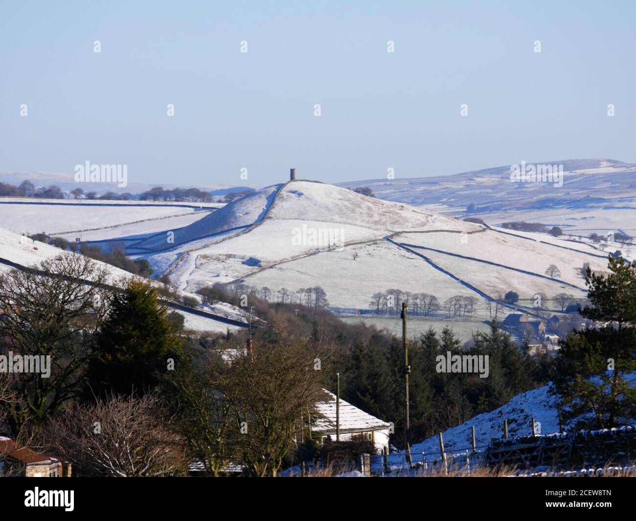 The ruins of Blacko Tower, near Barrowford, Lancashire, seen from the Newchurch to Barley Road.  Winter. Stock Photo