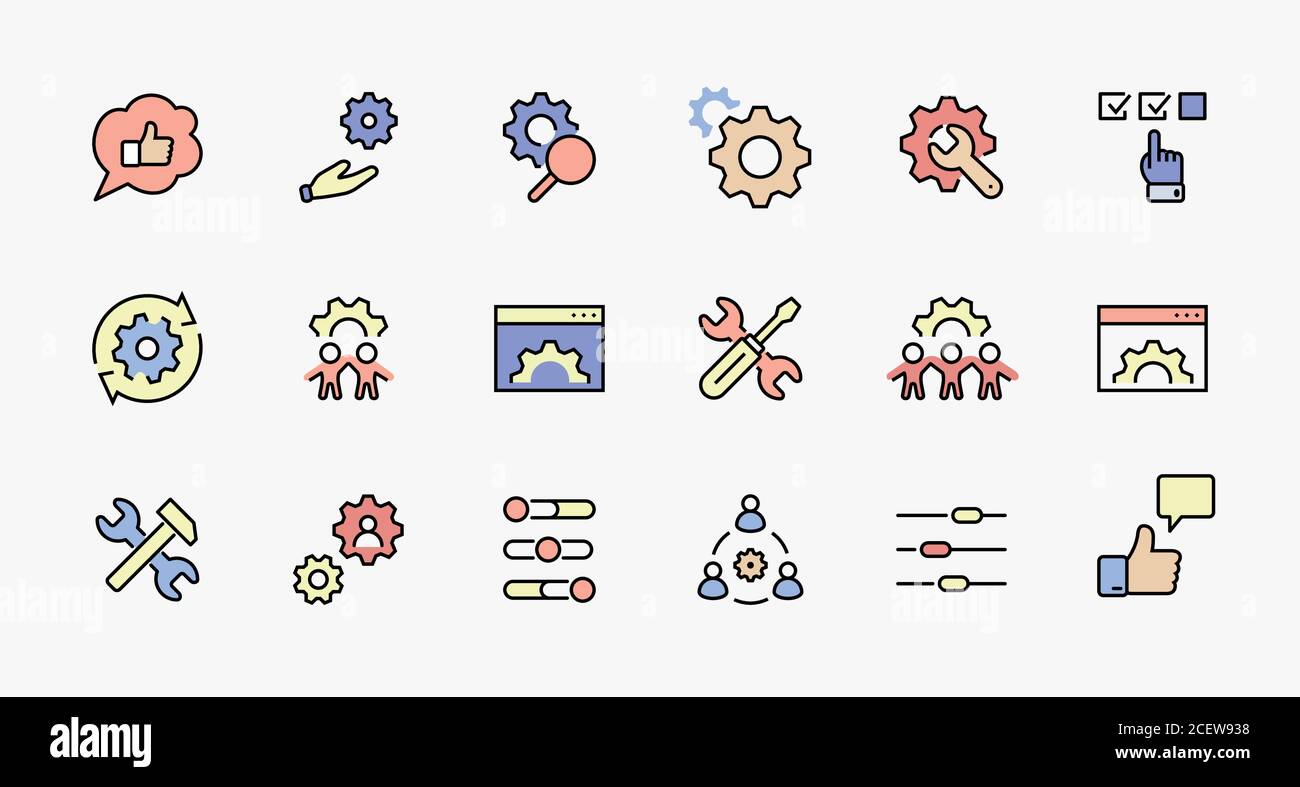 Set of Settings and Setup Vector Line Icons. Contains such Icons as Gear, Setting, Control, Iinstall, Options, Service, and more. Editable Stroke Stock Vector