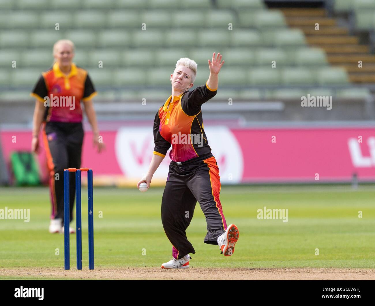 Clare Boycott bowling for Central Sparks against Thunder in a Rachael Heyhoe Flint Trophy match played at Edgbaston Cricket Ground Stock Photo