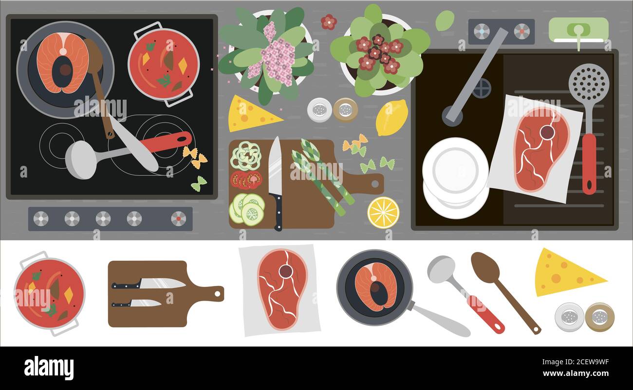 Top view of the kitchen countertop with a stove, sink, kitchen equipment, food and ready-made food for dinner. Flat vector illustration of a kitchen with a set of cooking attributes. Meat, fish, vegetables and soup, healthy home food. Image for a restaurant, home interior, menu, or cooking site. Stock Vector