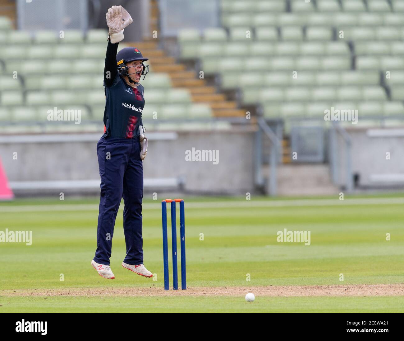 Thunder's wicket keeper Ellie Threlkeld with a shout in a Rachael Heyhoe Flint Trophy match against Central Sparks played at Edgbaston Cricket Ground Stock Photo