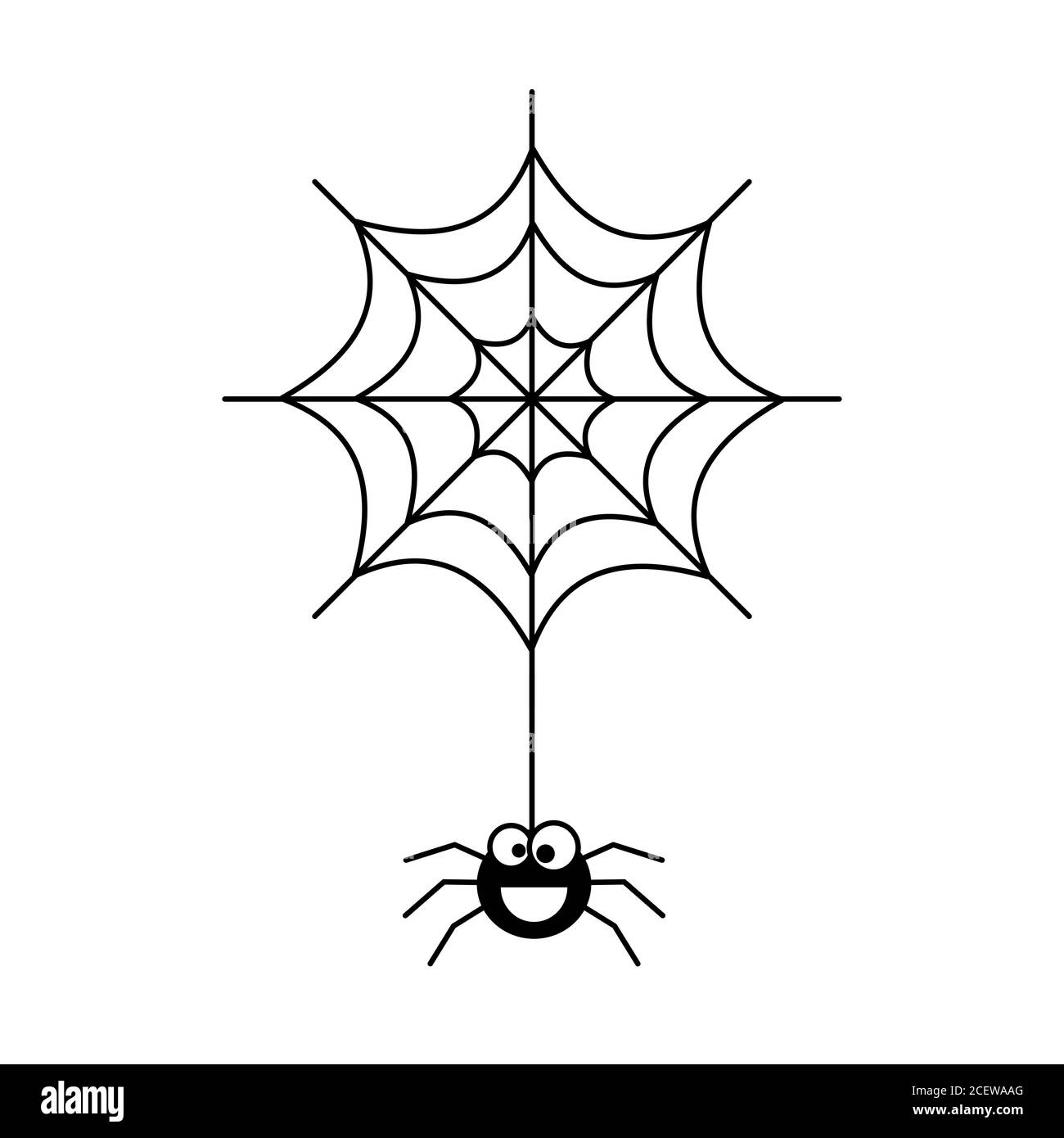 Cute little spider in his web. Halloween holiday concept. Smiling happy spider hanging from web. Spider character with funny eyes. Black outline Stock Vector