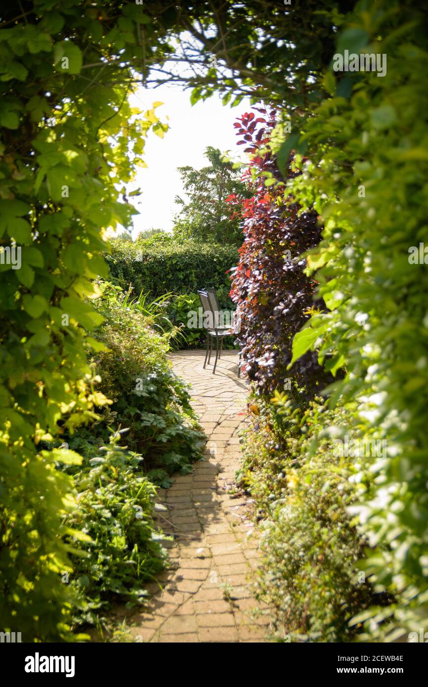 An English cottage secret garden path leads under arch to a private table  and chairs in the warm summer sun Stock Photo - Alamy, image size:866x1390