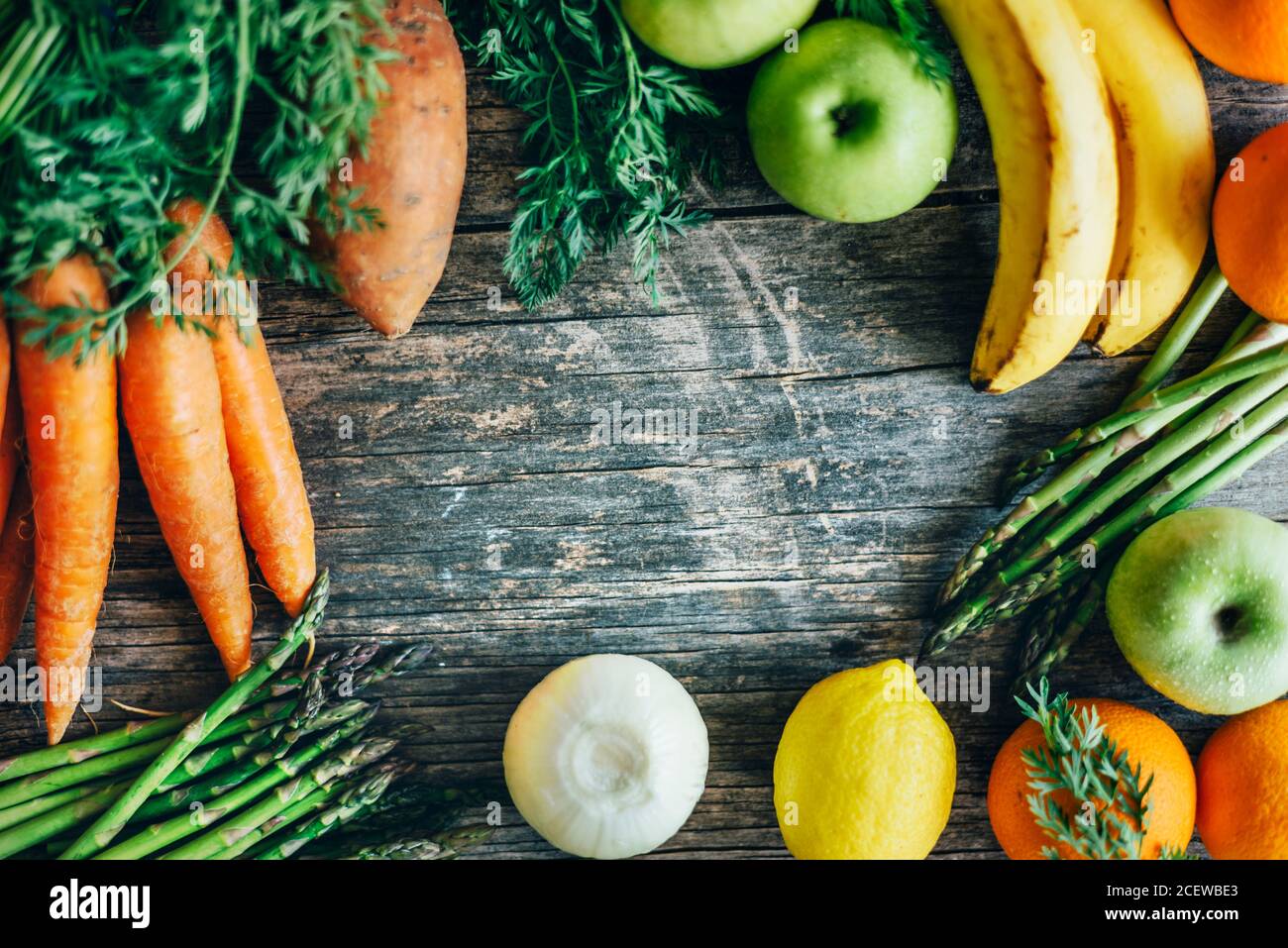 Healthy bio food ingredients frame background from above. Top view of ...