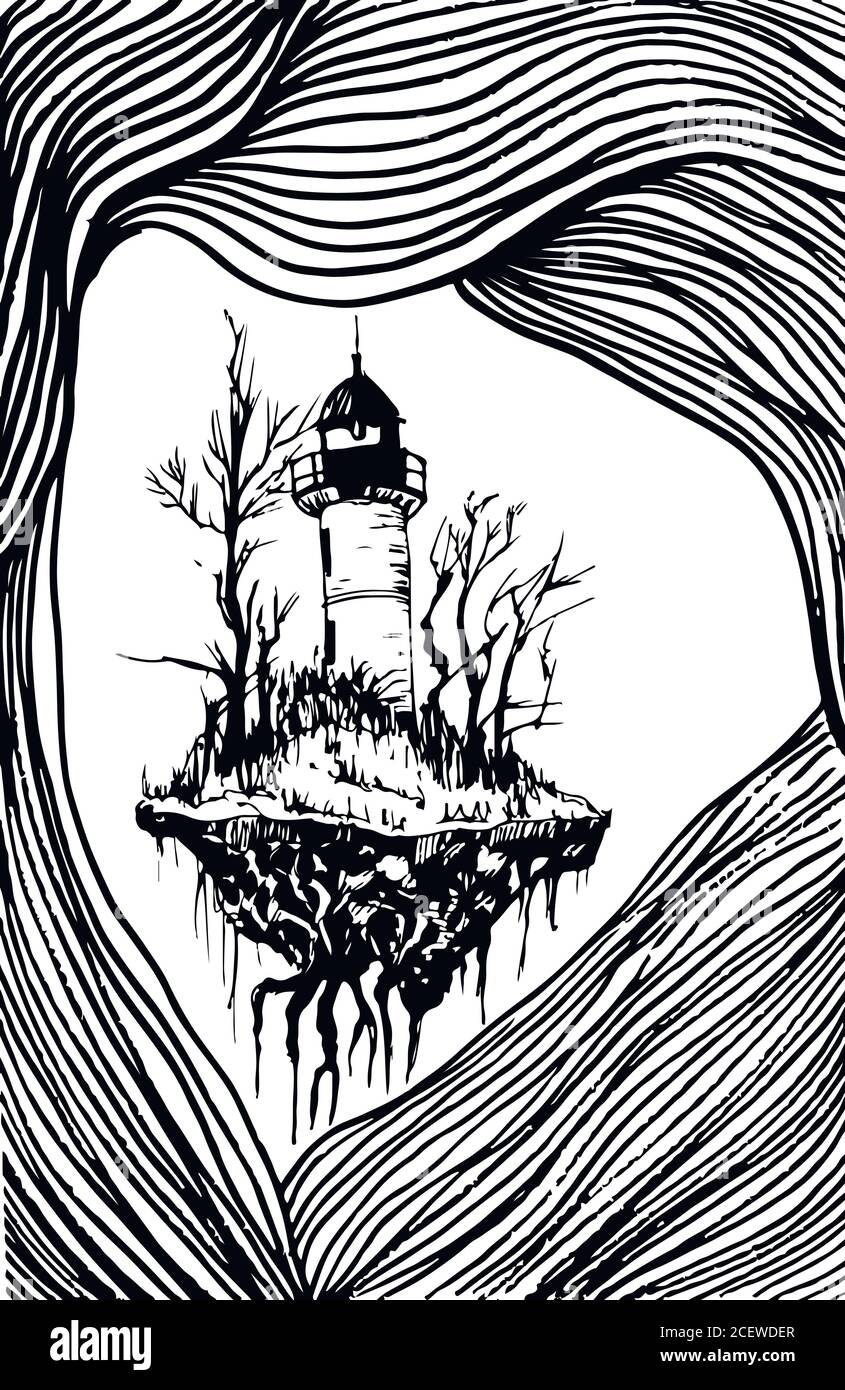 Surrealistic landscape, black white lighthouse, isolated. Stock Vector
