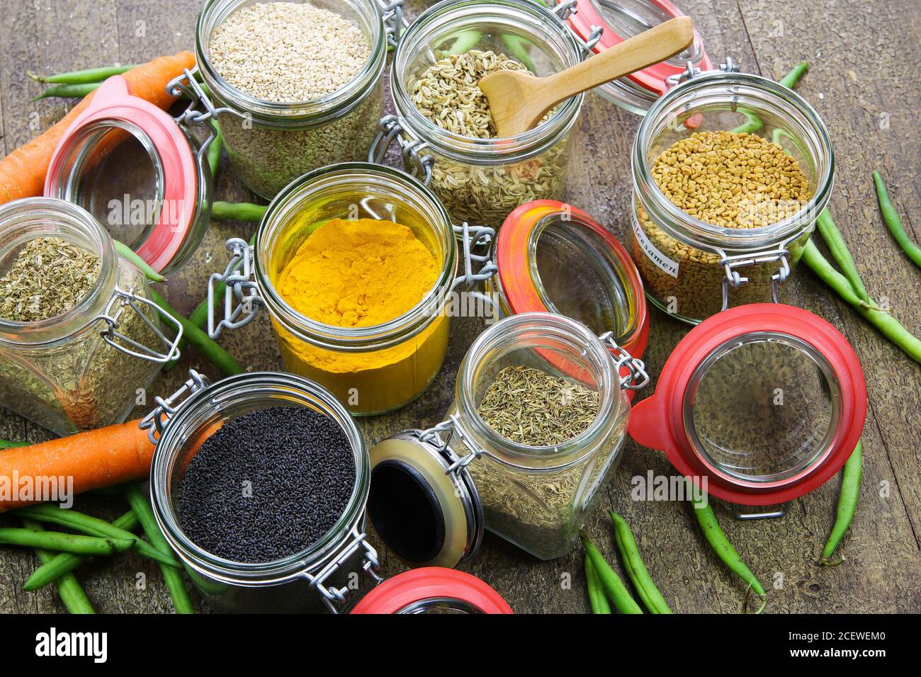 Top view on isolated preserving jars with variety of colorful ...