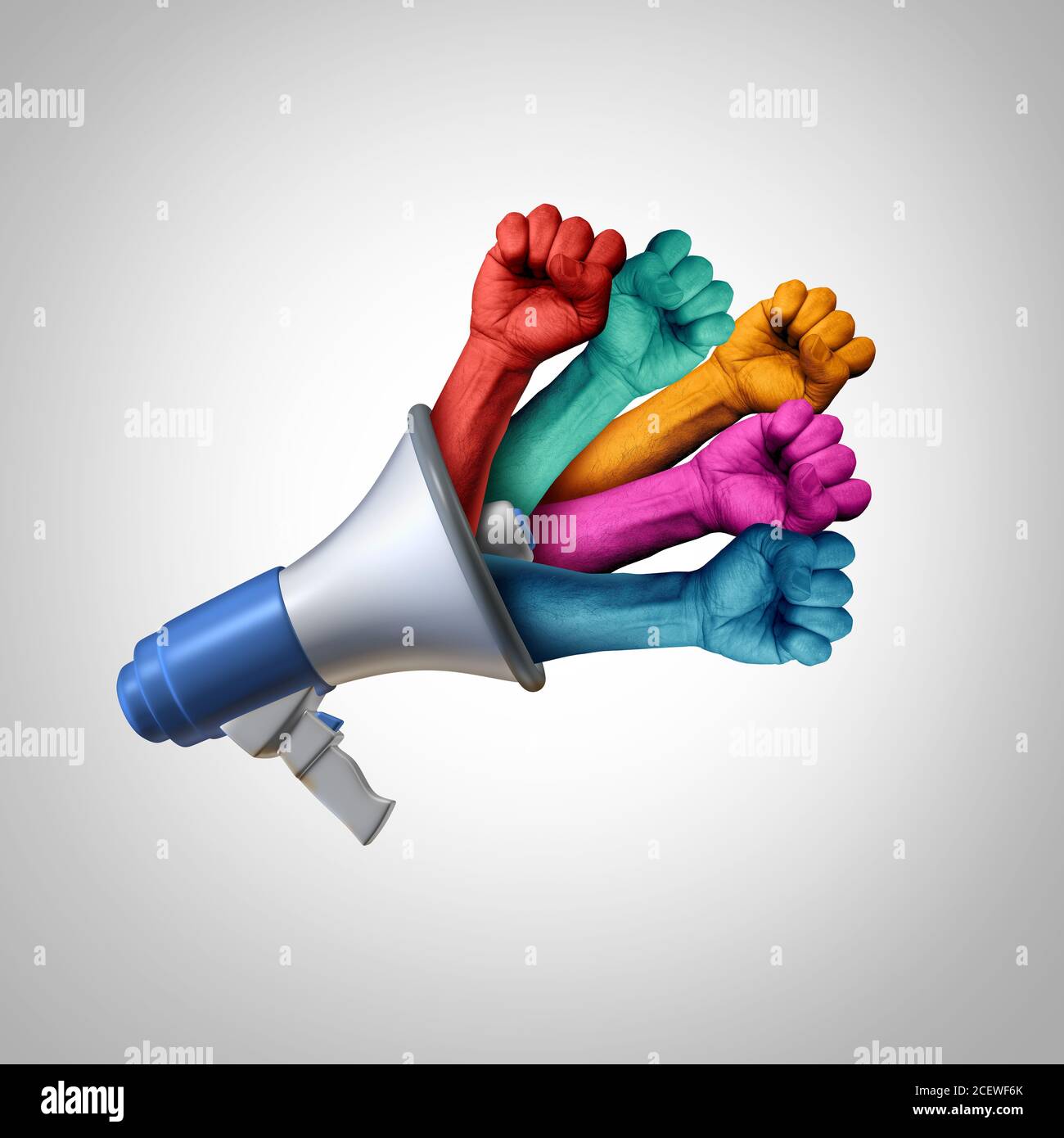 Social rights message and justice communication for equality and democracy with 3D illustration elements. Stock Photo