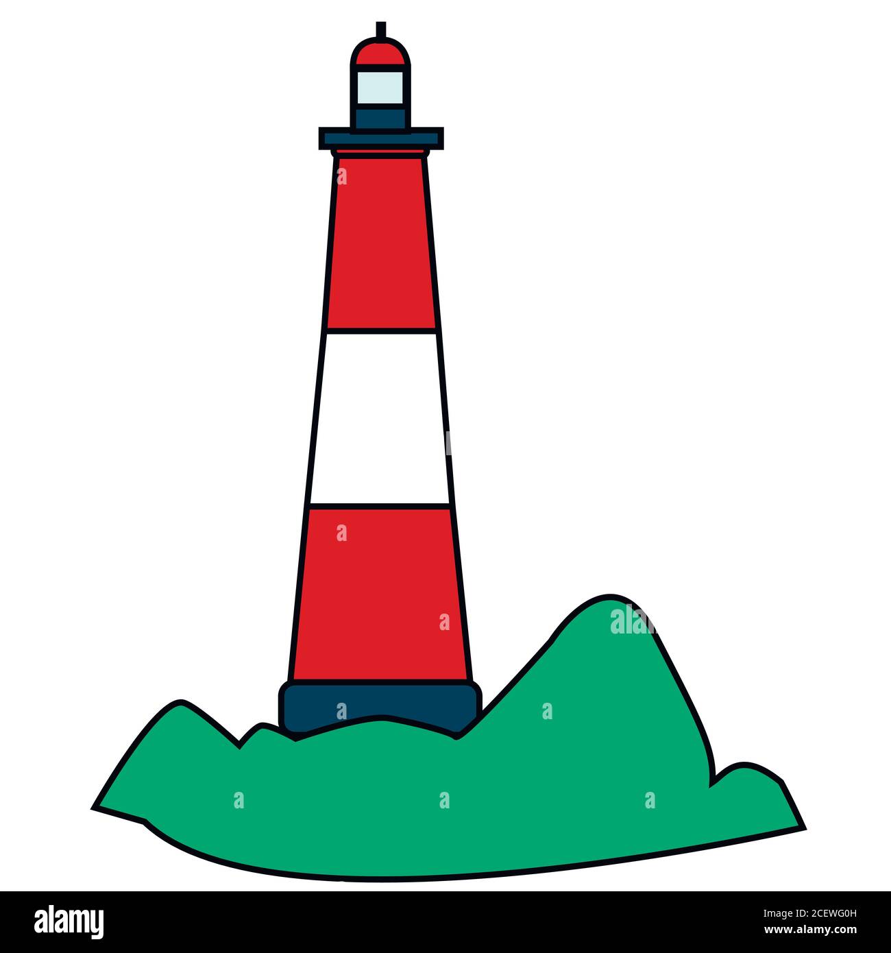 Red white, flat Lighthouse on the island, isolated. Stock Vector