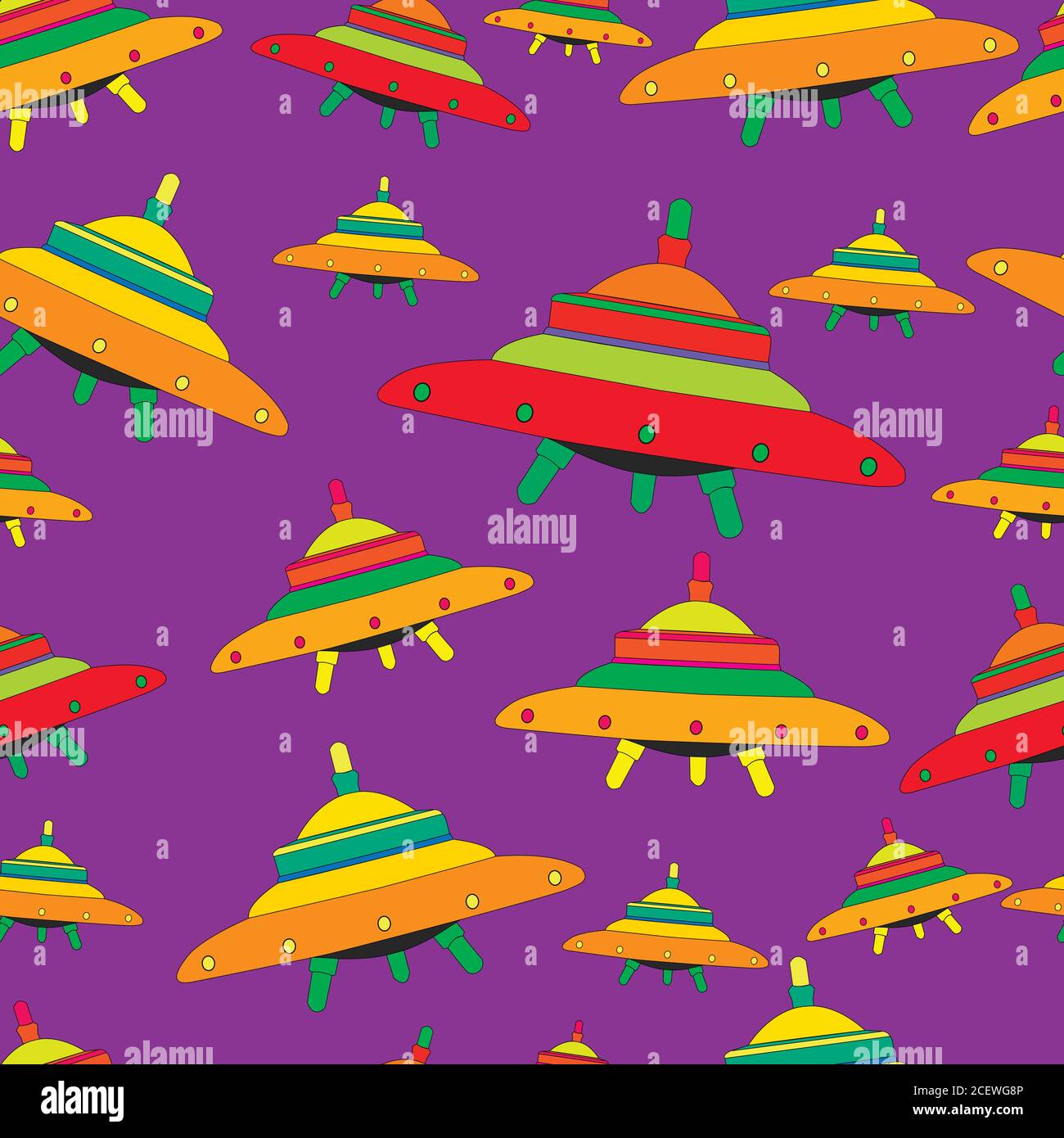 Flying saucers, colorful colors, seamless alien spaceship patter Stock Vector