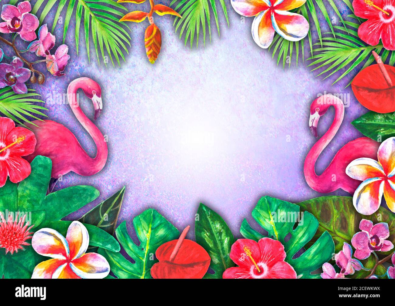 Abstract summer watercolor tropical paradise. Hand drawn colorful paper tropic plants, pink flamingo on purple background for banner, invitation, post Stock Photo