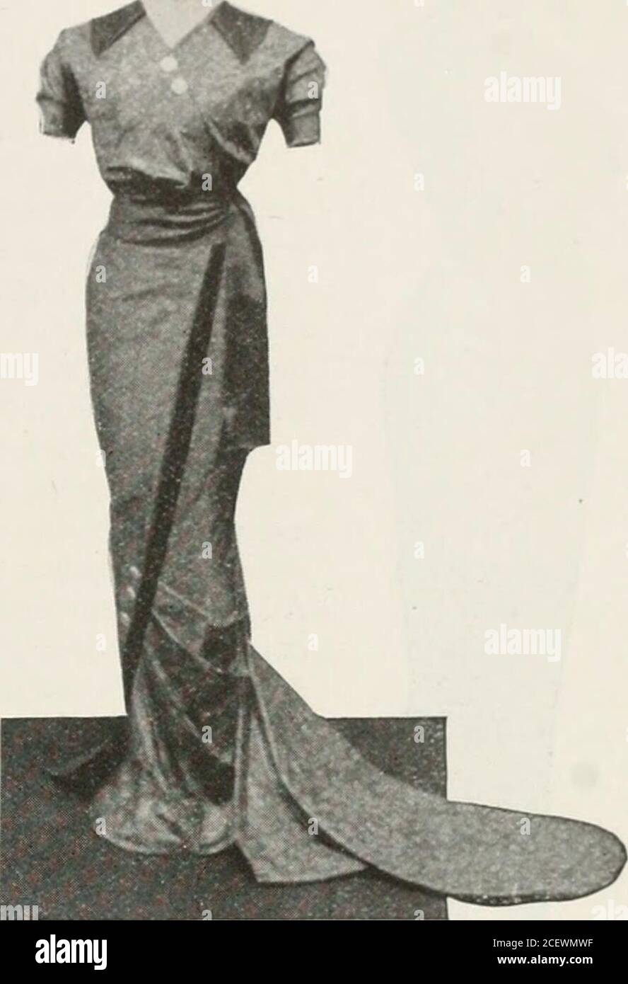 . The Koester school book of drapes; a complete text book and course of instruction in merchandise draping. aw selvedge down and fit smoothly toform, and at about knee height start making threeplaits as shown in No. 2. These folds are al-lowed to drape loosely around to back, the surplusfolded underneath and the two short skirt foldsto floor formed as shown in Nos. 2 and 3. The other side of the skirt comes down diag-onally across front and covers edge of these plaitsand is fitted around side of the form to the back.The surplus goods on both sides of the form isfitted to the form so as to show Stock Photo
