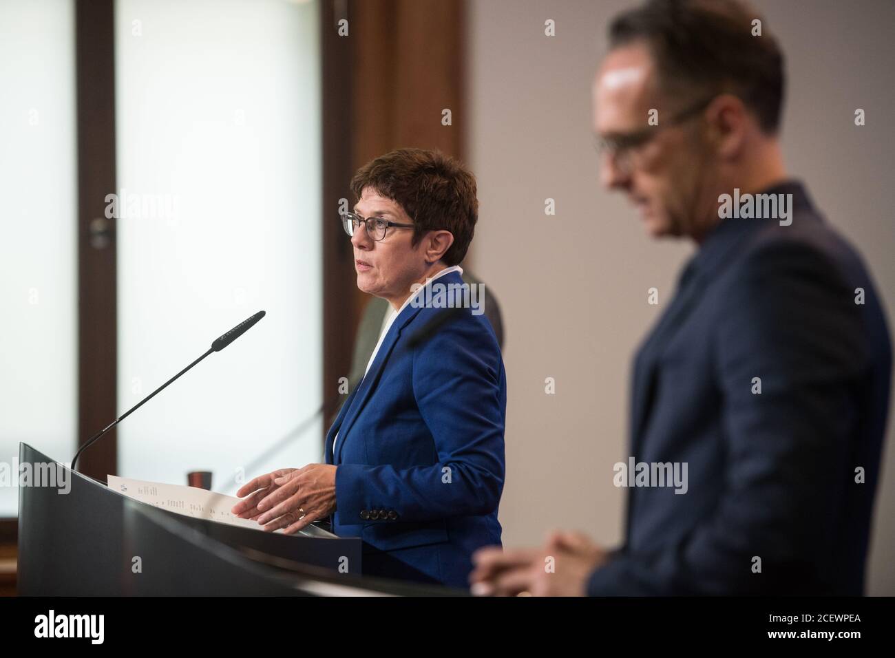 Berlin, Germany. 02nd Sep, 2020. Heiko Maas (r), Foreign Minister of Germany, and Annegret Kramp-Karrenbauer (l), Federal Minister of Defence, issue a press release at the Federal Foreign Office. The Foreign Office has summoned the Russian ambassador because of the new investigation results about a poisoning of the Kremlin critic Nawalny. Credit: Stefanie Loos/AFP Pool/dpa/Alamy Live News Stock Photo