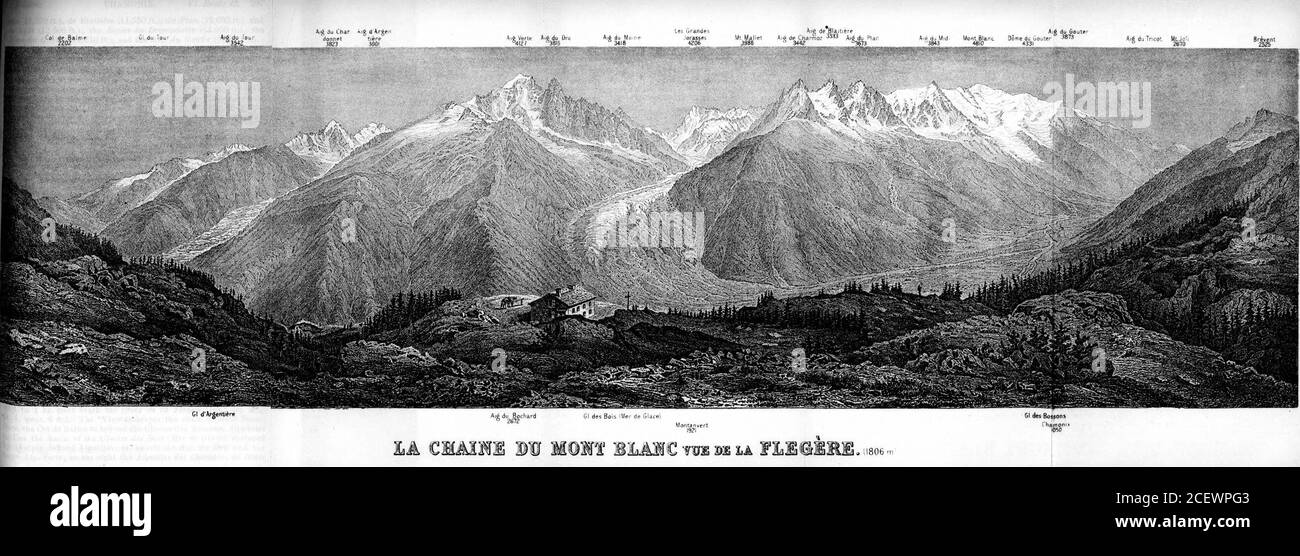 . Southern France, including Corsica: handbook for travellers. t.)and de Blaitiere (11,550 ft). From the Montanvert travellers usually cross the Mer de Glace tothe (ilU hr.) Chapeau, opposite. A path descends the left lateralmoraine to (10 min.) the glacier. The passage of the glacier (^hr.)guide, unnecessary for the experienced, 3 fr., to the Chapeau 6 fr.)presents no difficulty. On the opposite side we ascend over debristo the (5 min.) top of the right lateral moraine (6Q65 ft.; rfmts.),skirting which we then descend by a narrow path along the MauvailPas, where the path is hewn in steps and Stock Photo