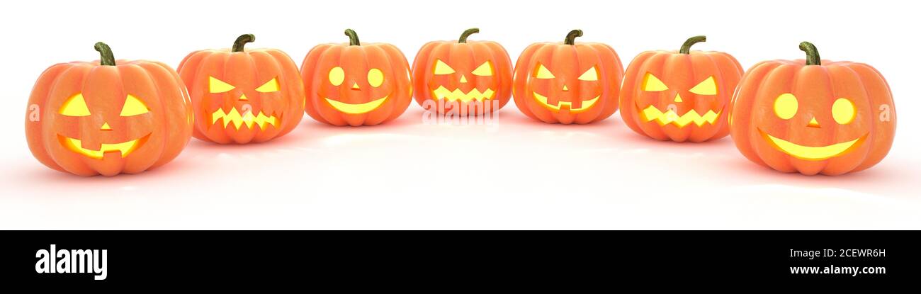 Many Halloween Pumpkins in a row on white background. 3d rendering Stock Photo