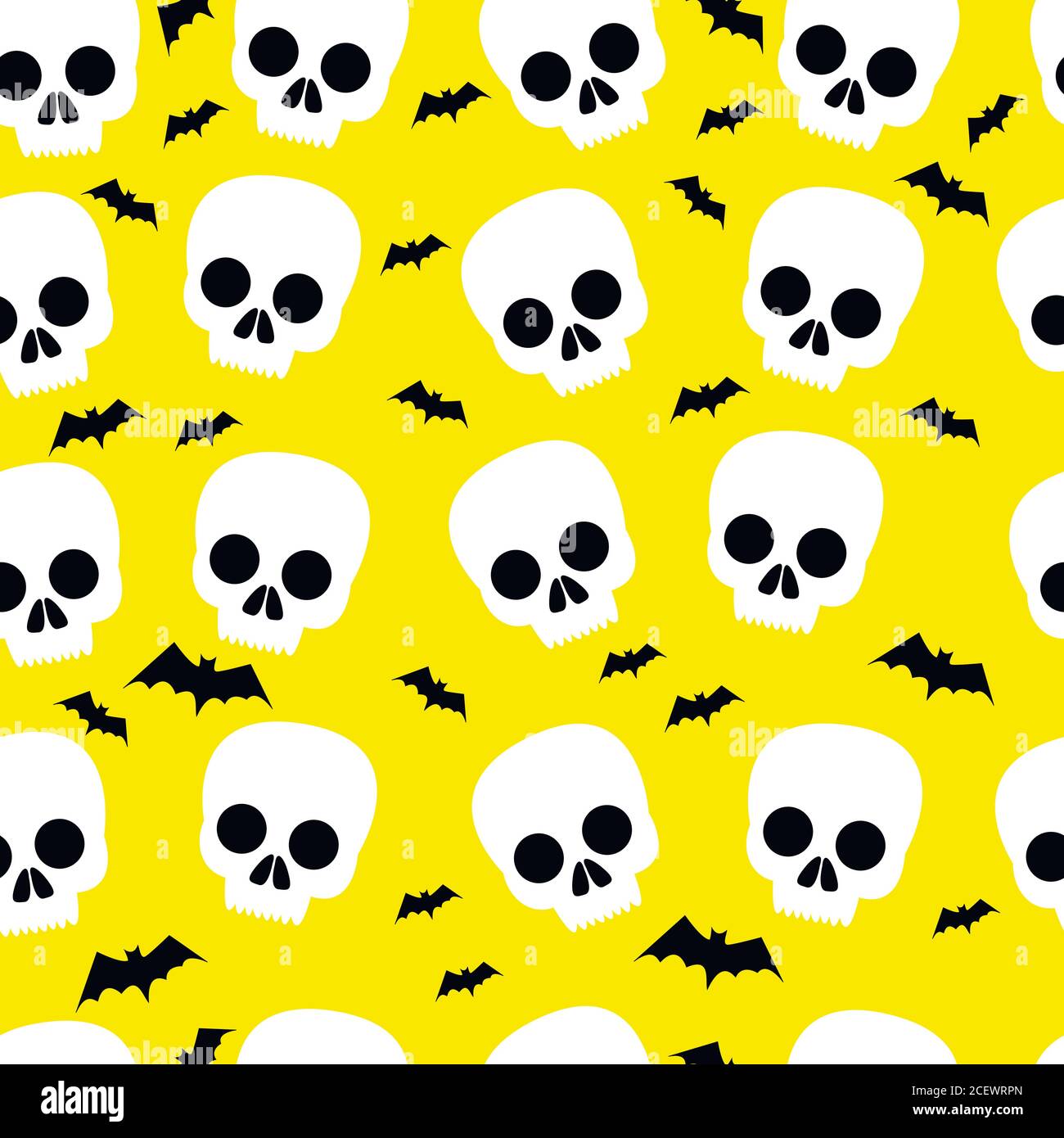 Funny skull, bat, halloween, seamless pattern, yellow background Stock Vector