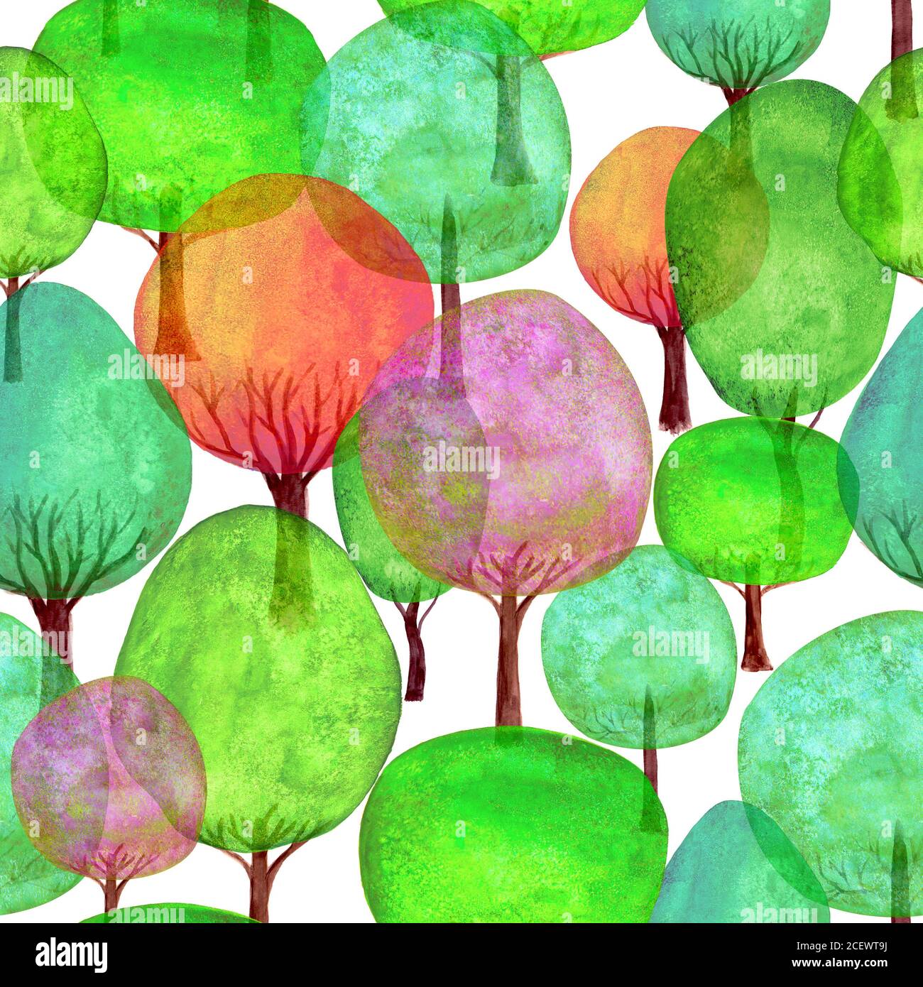 Seamless pattern of watercolor colorful trees on white background ...