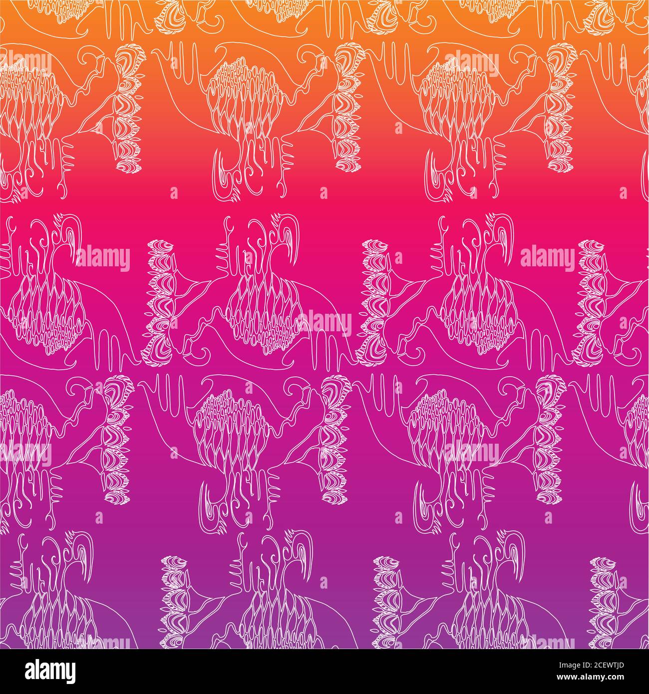 Abstract seamless pattern, white outline, bright gradient background violet orange. Stock Vector