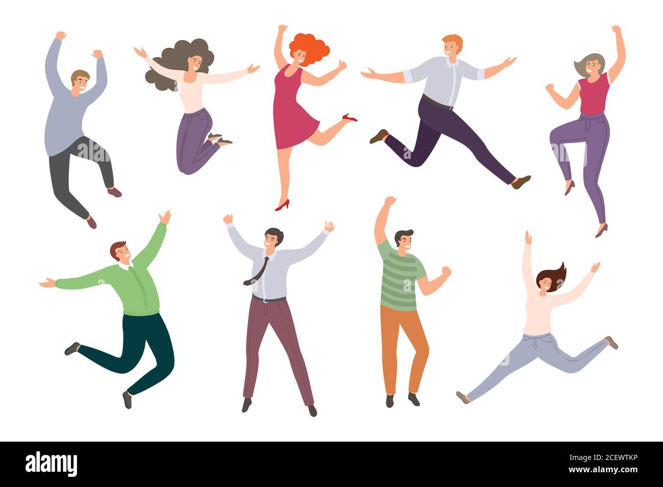 Group of happy jumping people in flat style isolated on white background. Hand-drawn collection of funny cartoon women and men. Stock Vector