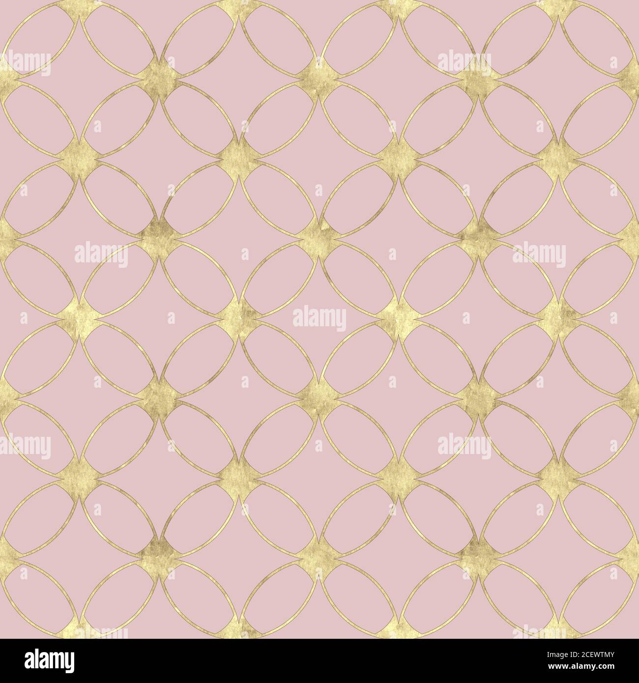 Seamless pastel pink background with abstract vintage gold glitter pattern. Texture with overlapping circles and golden contour line. Print for wallpa Stock Photo