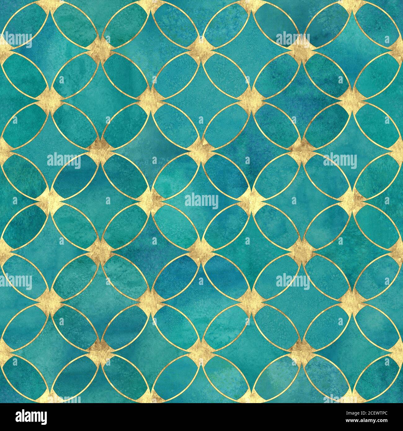 Seamless watercolour teal turquoise gold glitter abstract texture. Watercolor hand drawn grunge background with overlapping circles and golden contour Stock Photo