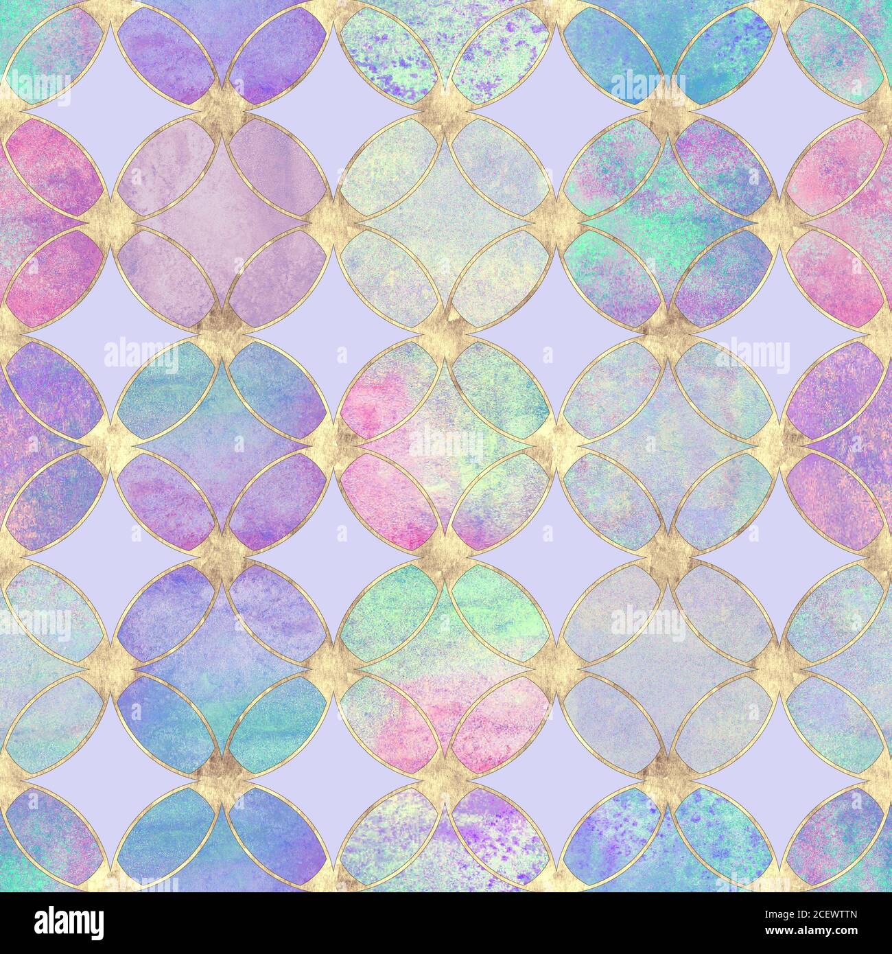 Seamless watercolour colorful gold glitter abstract texture. Watercolor hand drawn grunge lavender background with overlapping circles and golden cont Stock Photo