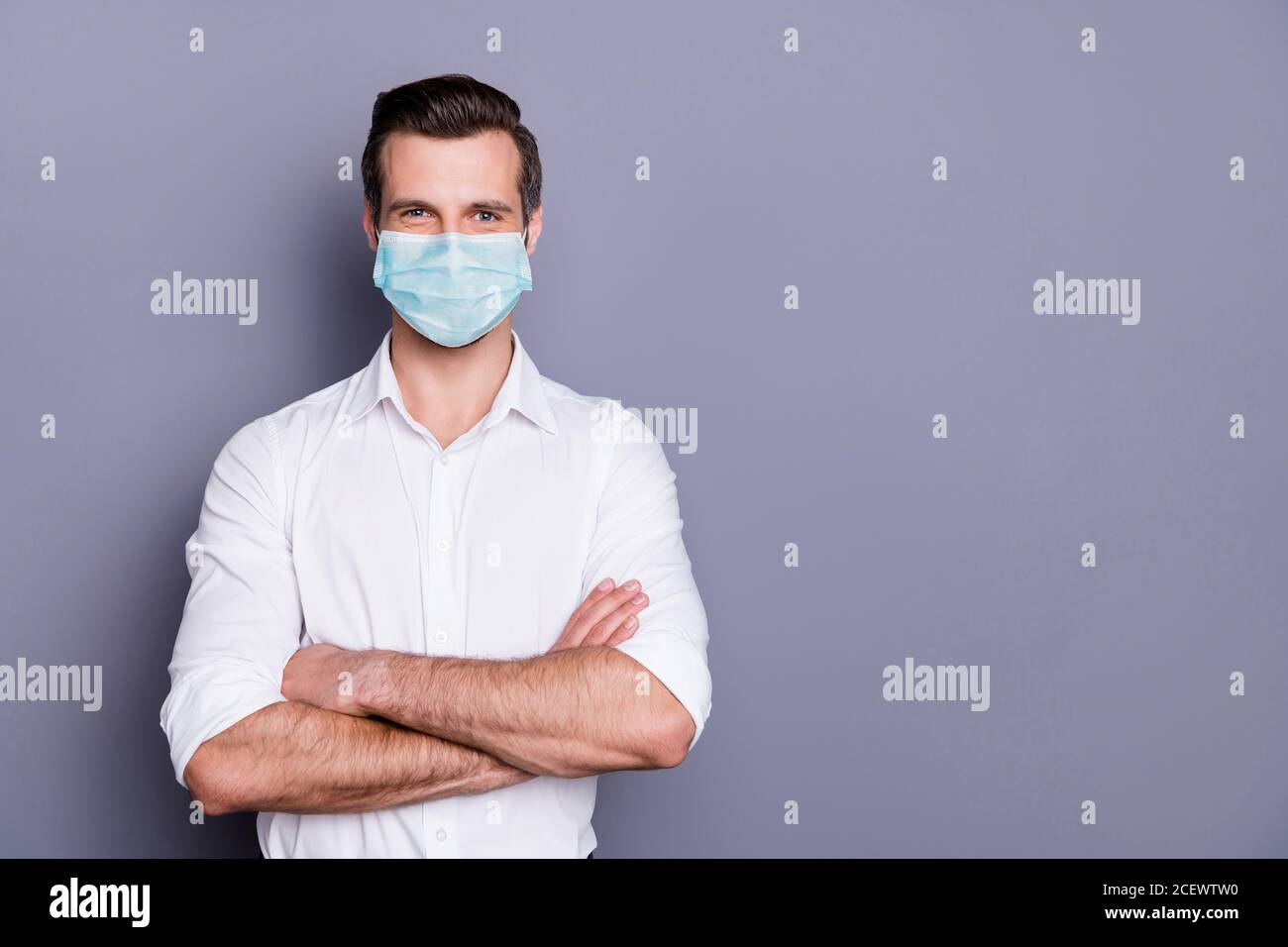 Portrait Of His He Attractive Healthy Virile Guy Agent Broker Employer Wearing Safety Gauze Mask 