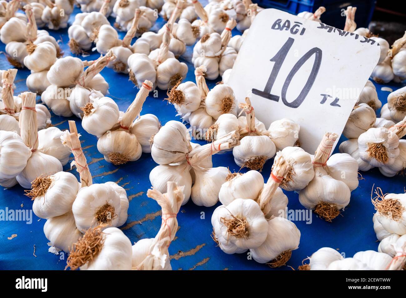 Lots of garlic on the open air market in Antalya, Turkey. A bunch of garlic price: 10 Turkish Lira. Stock Photo